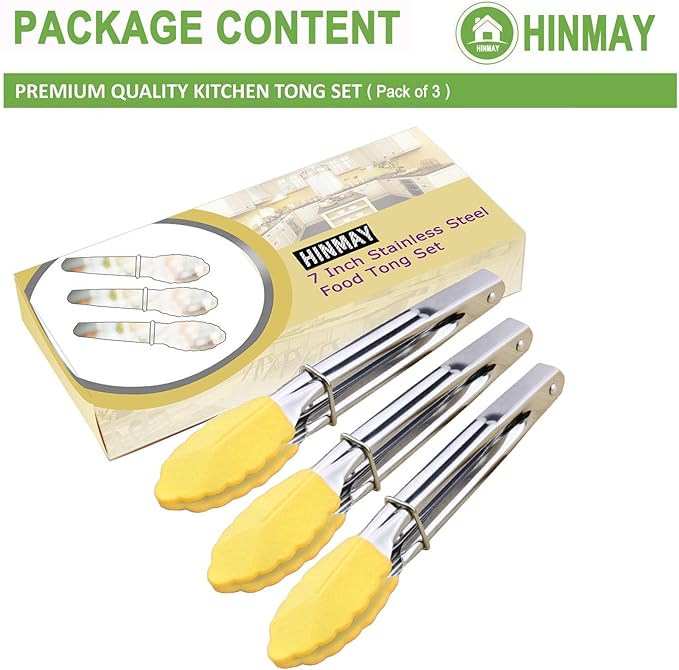 Mini Tongs with Silicone Tips 7-Inch Small Serving Tongs, Set of 3 (Yellow)