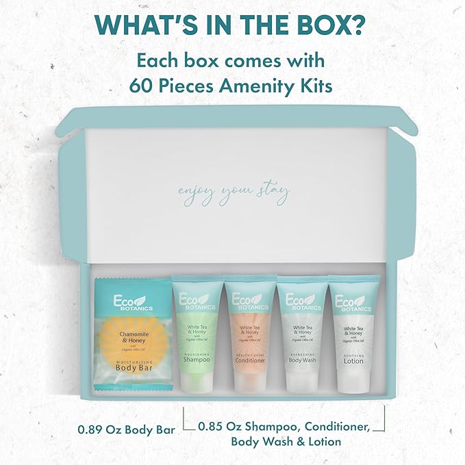 Eco Botanics Amenity Kit | Boxed Hotel Toiletries | Bulk Set .85 oz Travel Size Shampoo, Conditioner, Lotion, Body Wash & Body Bar Soap for Guest Hospitality AirBnB/Vacation Rentals | 60 sets per case-BrightBean Baby