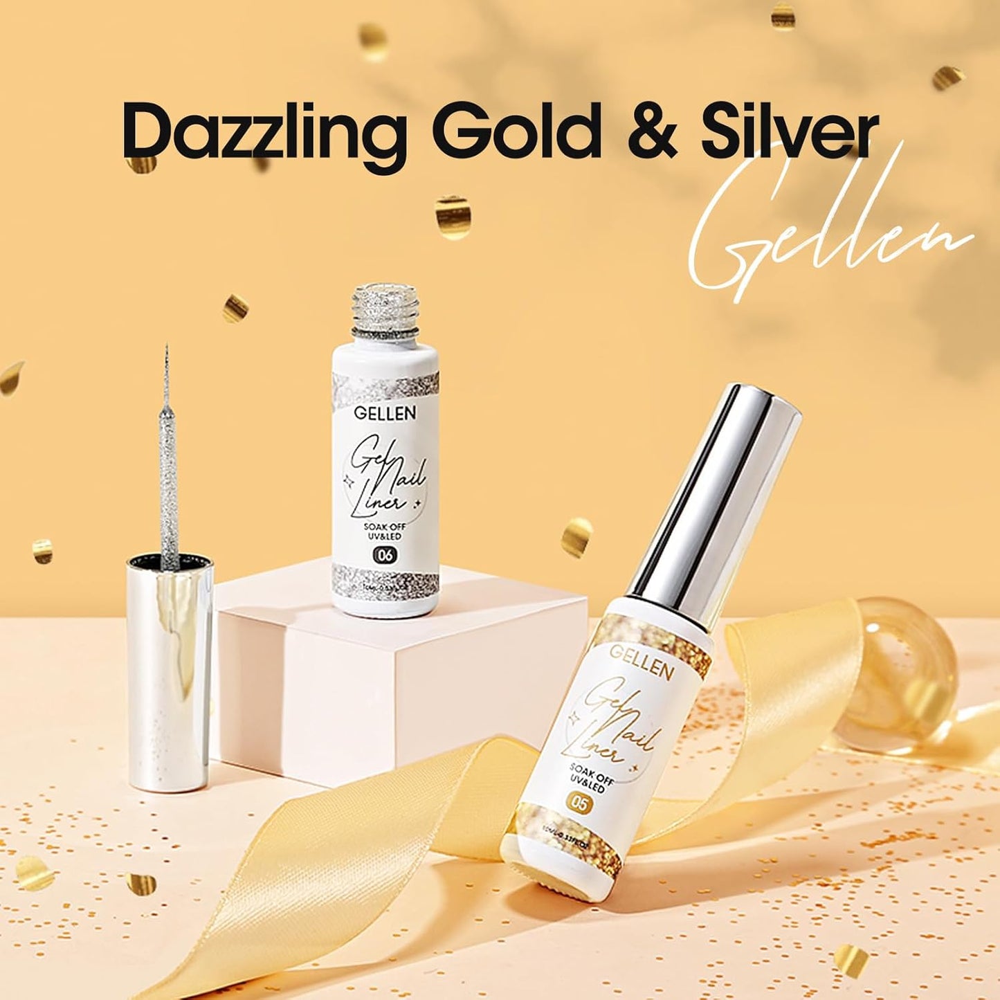 GELLEN Gold Silver Liner Gel Nail Polish, 2Pcs 10ml Soak off Uv Lamp Glitter Nail Art Polish Set with Built Thin Brush, Gel Art Paint for Sparkly Shiny Swirl Nails, Christmas Diy Gift for Women Girls-BrightBean Baby