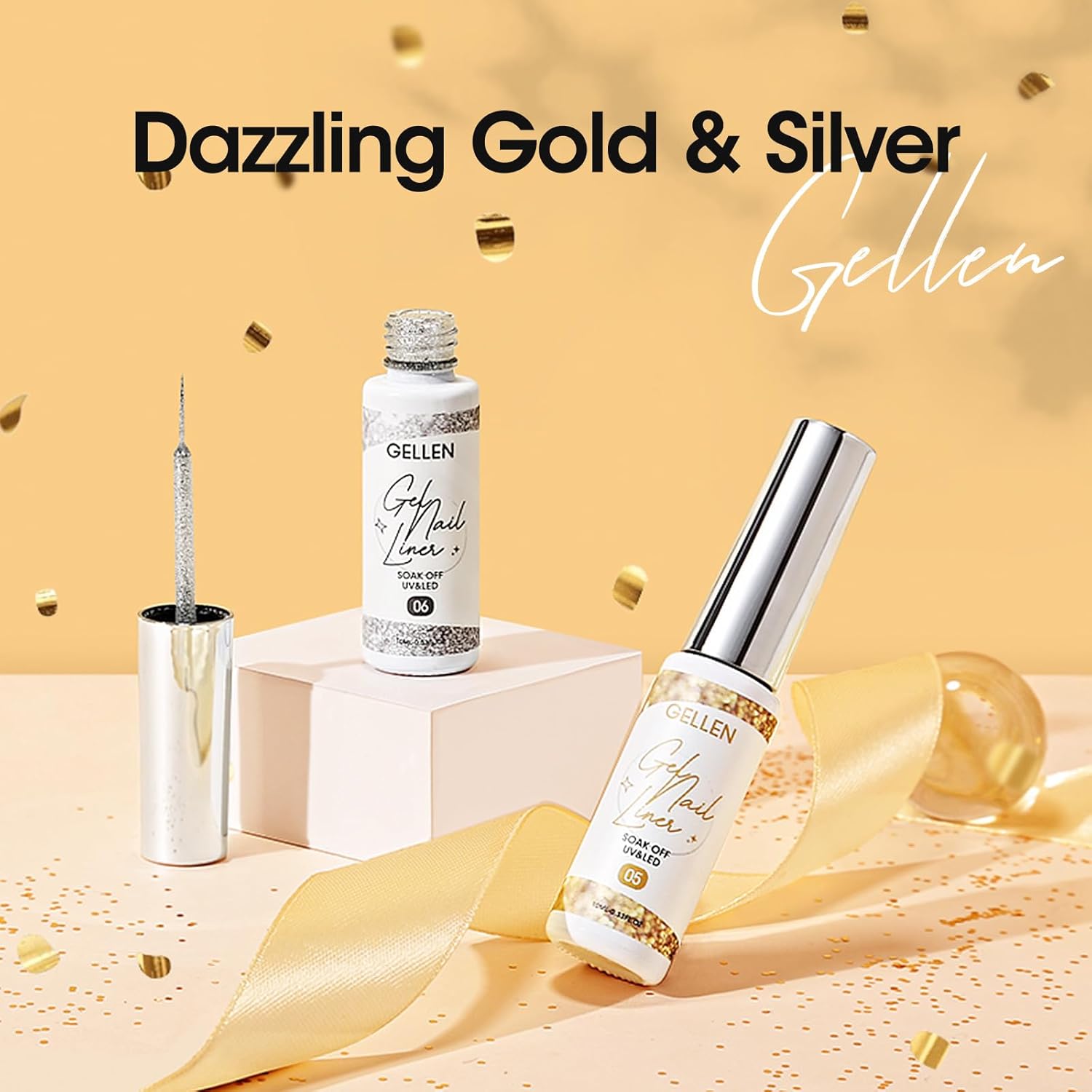 GELLEN Gold Silver Liner Gel Nail Polish, 2Pcs 10ml Soak off Uv Lamp Glitter Nail Art Polish Set with Built Thin Brush, Gel Art Paint for Sparkly Shiny Swirl Nails, Christmas Diy Gift for Women Girls-BrightBean Baby