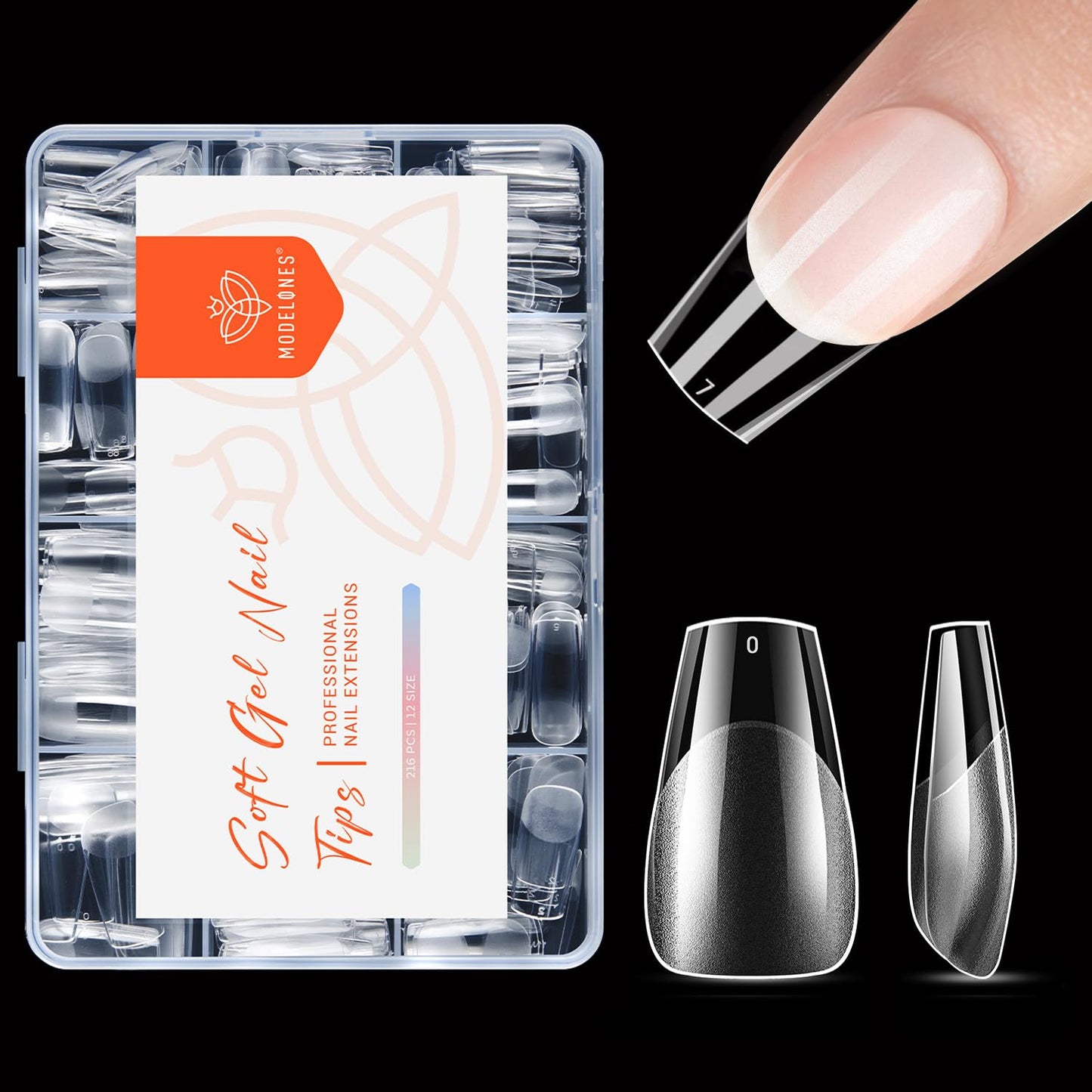 modelones Short Coffin Nail Tips, Pre-shaped Soft Gel Tips Fake Nails False Acrylic Clear Full Cover Press on Extension Kit Gel Manicure DIY at Home 216PCS 12Sizes-BrightBean Baby
