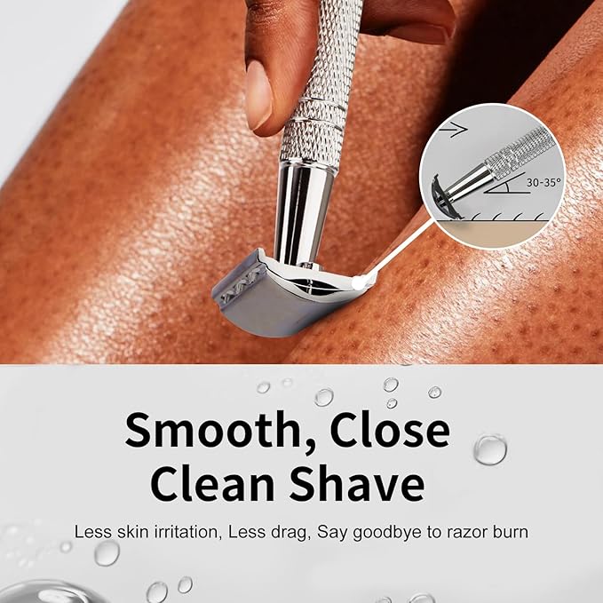 Double Edge Safety Razor with Stand, Single Blade Razors for Men and Women, Metal 1 Blade Razor, with 10 Platinum Coated Stainless Steel Double Edge Blades, Smooth and Close Shave, Silver-BrightBean Baby