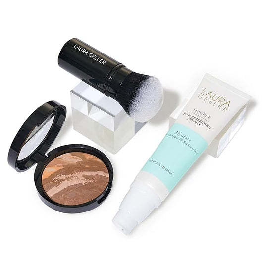 LAURA GELLER NEW YORK Laura's Must-Haves Kit 3pc: Baked Balance-n-Brighten Powder Foundation, Tan + Spackle Skin Perfecting Makeup Primer, Hydrate + Airbrush Round Kabuki Brush-BrightBean Baby