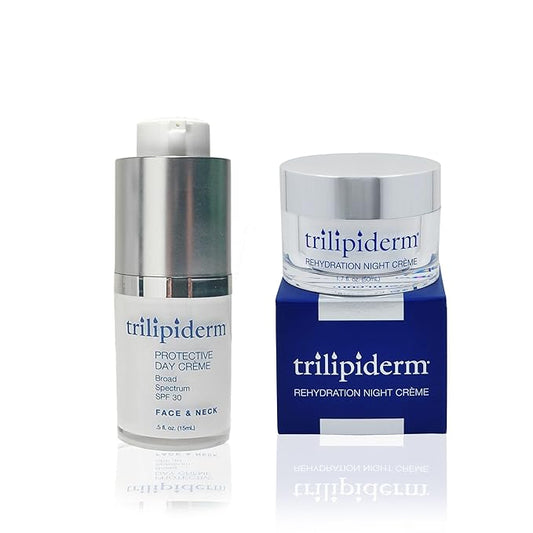 Trilipiderm Rehydration Night Créme .5oz + Protective Day Créme Broad Spectrum SPF 30 .5oz Travel/Trial Size Transformative, moisture-rich crème with hyaluronic acid and Retinol-BrightBean Baby