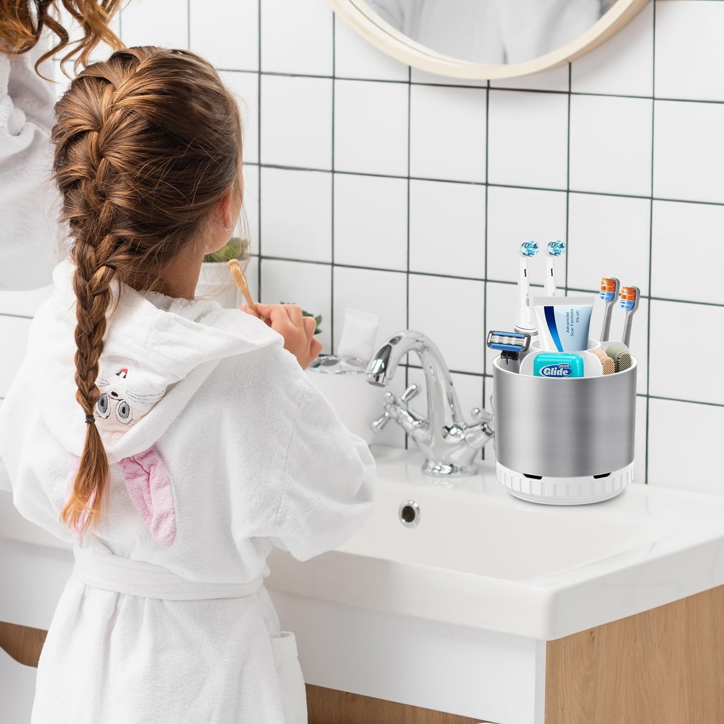 Silver Toothbrush Holders for Bathrooms Countertop Organizer - Kids Electric Toothbrush and Toothpaste Holder Rotating Tooth Brush Organization Bathroom Sink Accessories Storage Caddy-BrightBean Baby