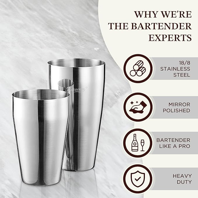 KITESSENSU Cocktail Shaker Set, 2-Piece Boston Shaker Set for Drink Mixing, Premium 18/8 Stainless Steel Martini Shaker for Bartending and Home Bar - 18oz & 28oz, Recipes Booklet Included, Silver
