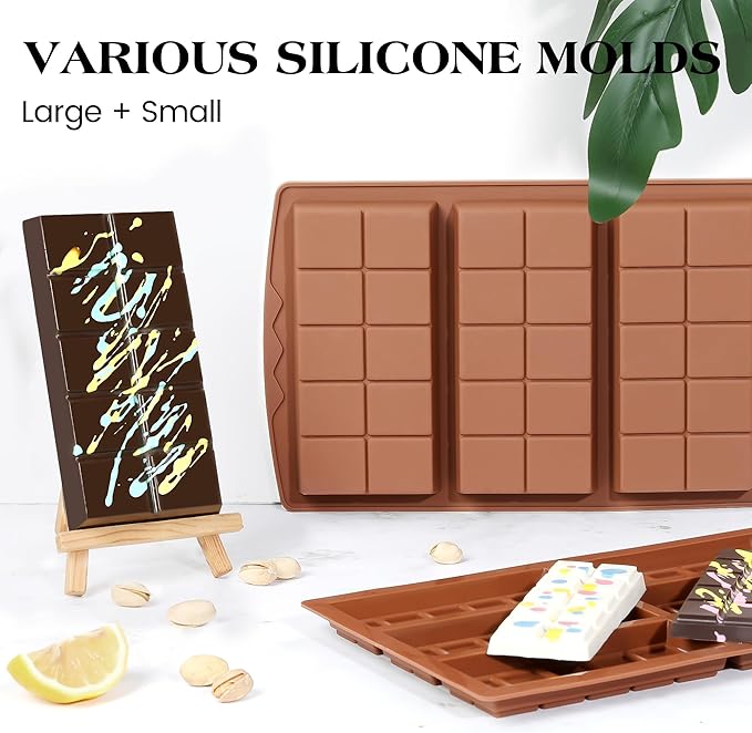 2 Pcs Chocolate Bar Mold Deep Dubai 0.85 Inch Stuffed Chocolate Molds Silicone Large Break Apart Silicone Molds (10 Snap + Pyramid）