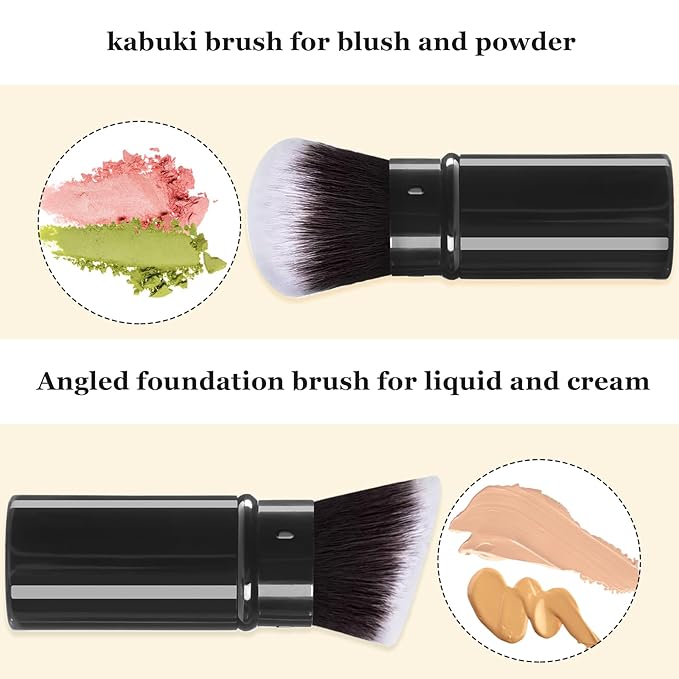 Makeup Brush 2 Pack, Retractable Travel Kabuki Powder Makeup Brush, Foundation Face Blush Brushes for Blending Liquid, Blush, Bronzer, Buffing, Sunscreen,Flawless Cosmetics-BrightBean Baby