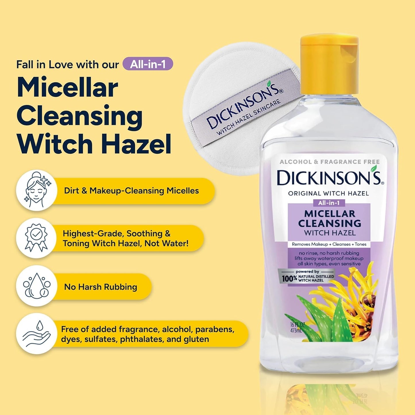 Dickinson's Micellar Cleansing Witch Hazel, An All-in-1 Makeup Remover, Pore Refiner, Skin Cleanser and Toner; Alcohol Free with Aloe, for Sensitive Skin, 16oz-BrightBean Baby