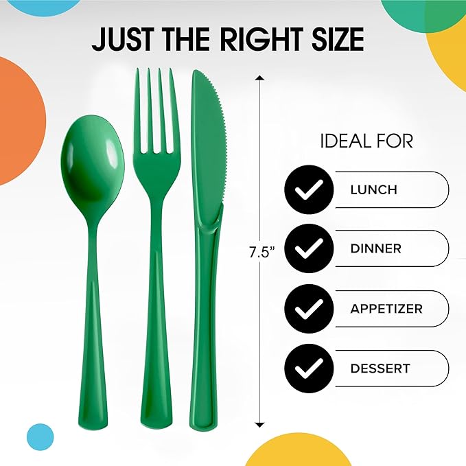 Party Solids Emerald Green Plastic Silverware Heavy Duty 150 Pieces Green Plastic Cutlery Sets, Utensil Sets, 50 Of Each Forks, Knives & Spoons Disposable Cutlery Set, Flatware Set For Party Supplies