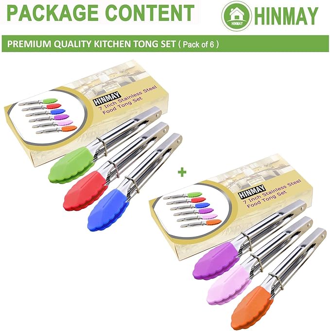 Small Tongs with Silicone Tips 7-Inch Mini Serving Tongs, Set of 6 (Green Red Blue Purple Pink Orange)