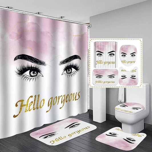 4PCS Hello Gorgeous Eyelash Shower Curtain Set, Gold Glitter Quotes Black Eyebrow Makeup Pink Marble Glam Modern Fashion Girly Women Bathroom Decor, Non-slip Bath Mat Toilet Rug, Charming Eyes-BrightBean Baby