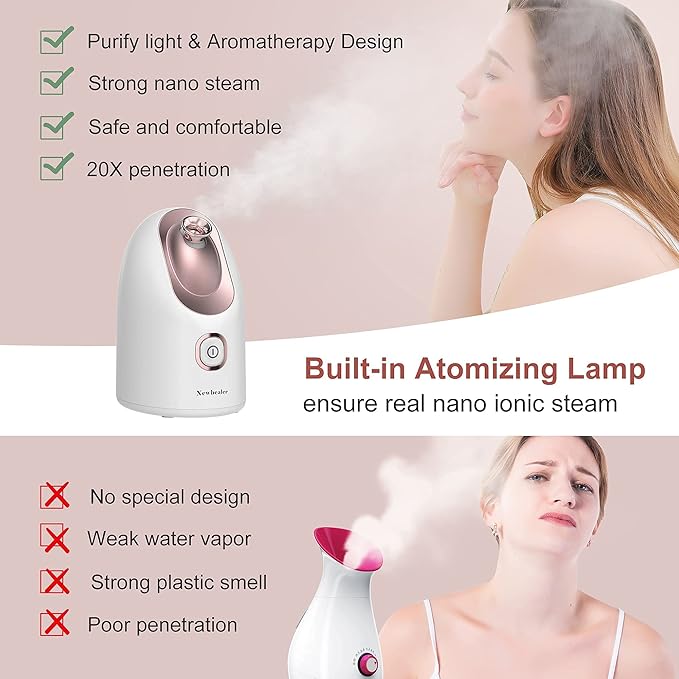 Newbealer Facial Steamer, Mini Aroma Face Steamer, Nano Ionic Hot Mist Face Humidifier for Facial Deep Cleaning, Home Sauna Spa Sprayer with 9 Pieces Acne Remover Kit (White-Gold, 160 ML)-BrightBean Baby