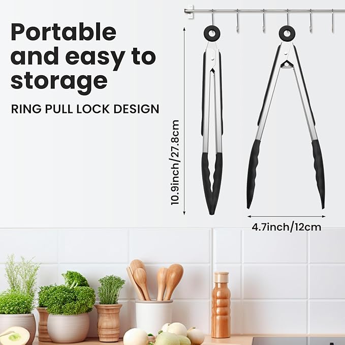 600℉ Heat Resistant Kitchen Tongs for Cooking with Silicone Tips,Maywe Tanso 9-Inch Stainless Steel Locking Cooking Tongs Food Tongs for BBQ,Cooking,Salad and Serving Food,Heavy Duty,Non-Stick(Black)