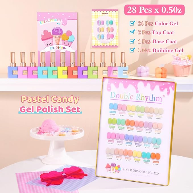 Double Rhythm 28Pcs 0.5Oz Gel Nail Polish Set Same Color Same Bottle Soak Off Gel Polish Kit Nail Art Manicure Salon DIY at Home for Women (Pastel Candy Collection-T24-5)-BrightBean Baby