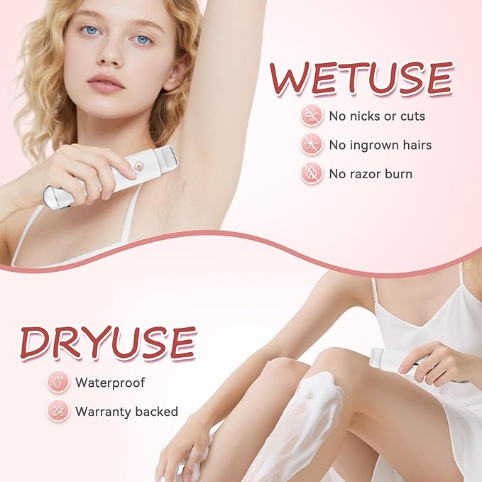 Bikini Trimmer for Women - 2 in 1 Electric Body Hair Trimmer for Silky Skin, Cordless Body Shaver for Travel, IPX7 Waterproof & Easy to Clean, Replaceable Ceramic Blade Heads (White)-BrightBean Baby