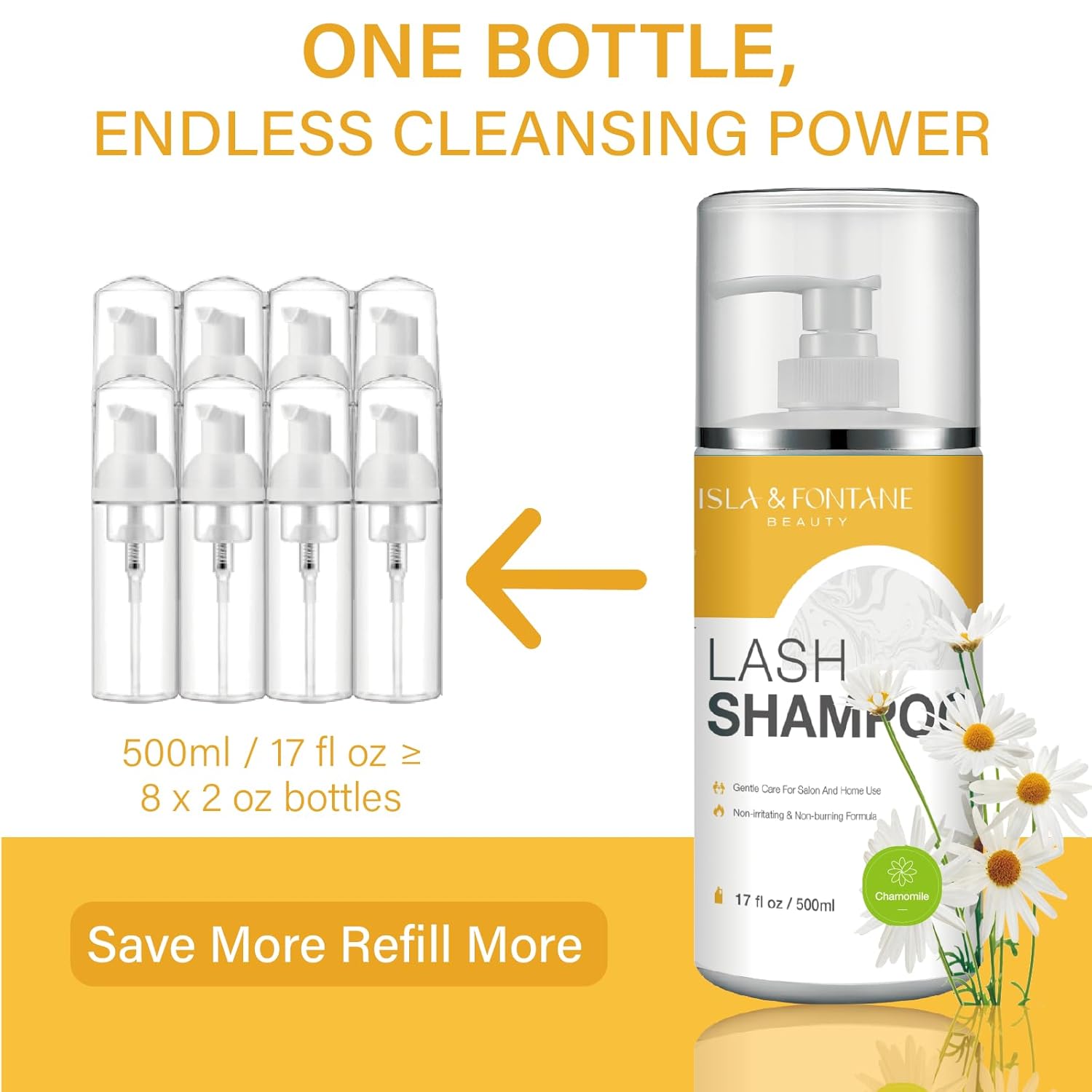 Isla & Fontane Lash Shampoo Bulk – Multi-Scent Series – 17 fl oz / 500ml | Gentle Eyelash Cleanser for Lash Extensions | Non-Irritating | Professional Lash Bath Foam For Salon And Home Use (Chamomile)-BrightBean Baby