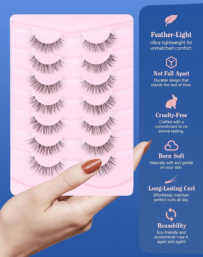 Short Lashes Natural Look Everyday Wispy Eyelashes Mink Flared Eyelashes Strip False Eye Lash Soft Clear Band 7 Pairs SF-05-BrightBean Baby