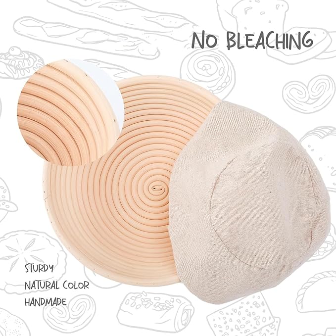 Round Bread Dough Proofing Rising Rattan Baskets(Set of 2, 9 inch) w/Liners for Home Sourdough Bread Bakers