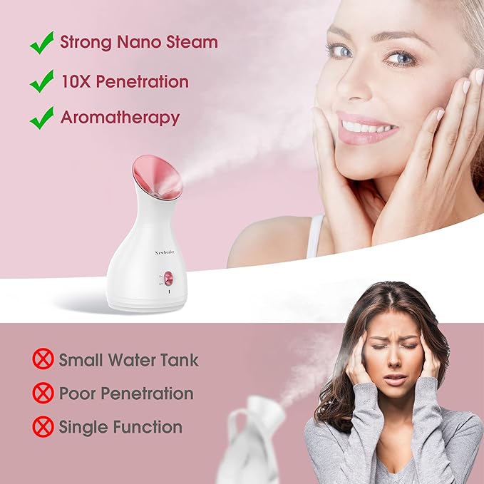 Newbealer 2in1 Facial Steamer, Hot Mist Facial Aromatherapy Humidifier Atomizer, Large Face Steamer Unclogs Pores Sinuses Moisturizing, Home Sauna Spa with Eyebrow Set (Red, 170ml)-BrightBean Baby