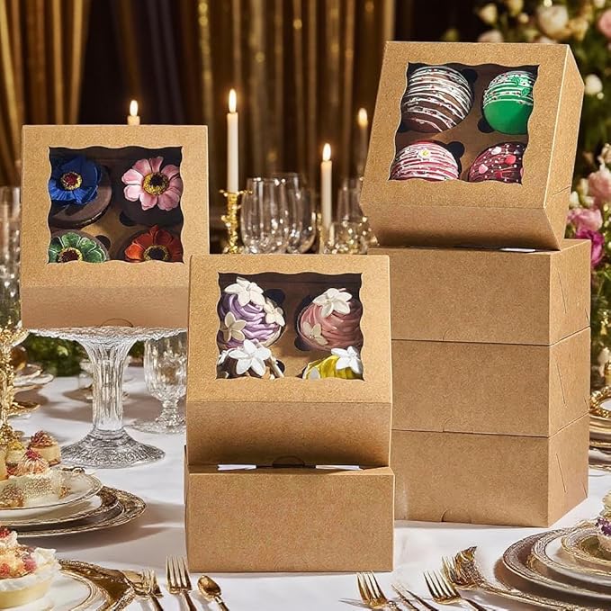 RomanticBaking 50 Pack 4 Cupcake Boxes with insert,6'' x 6'' x 3''Brown Kraft Cupcake Containers Food Boxes for Cookies,muffin,cakesicles