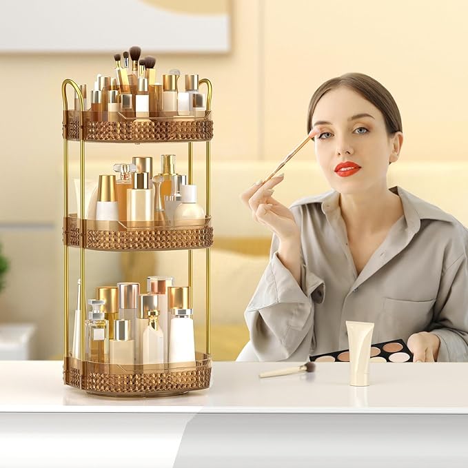 Rotating Makeup Organizer for Vanity 3 Tier, Perfume Organizer with Makeup Brush Holder, Large Capacity Cosmetics Clear Skincare Organizer for Countertop (Pink)-BrightBean Baby