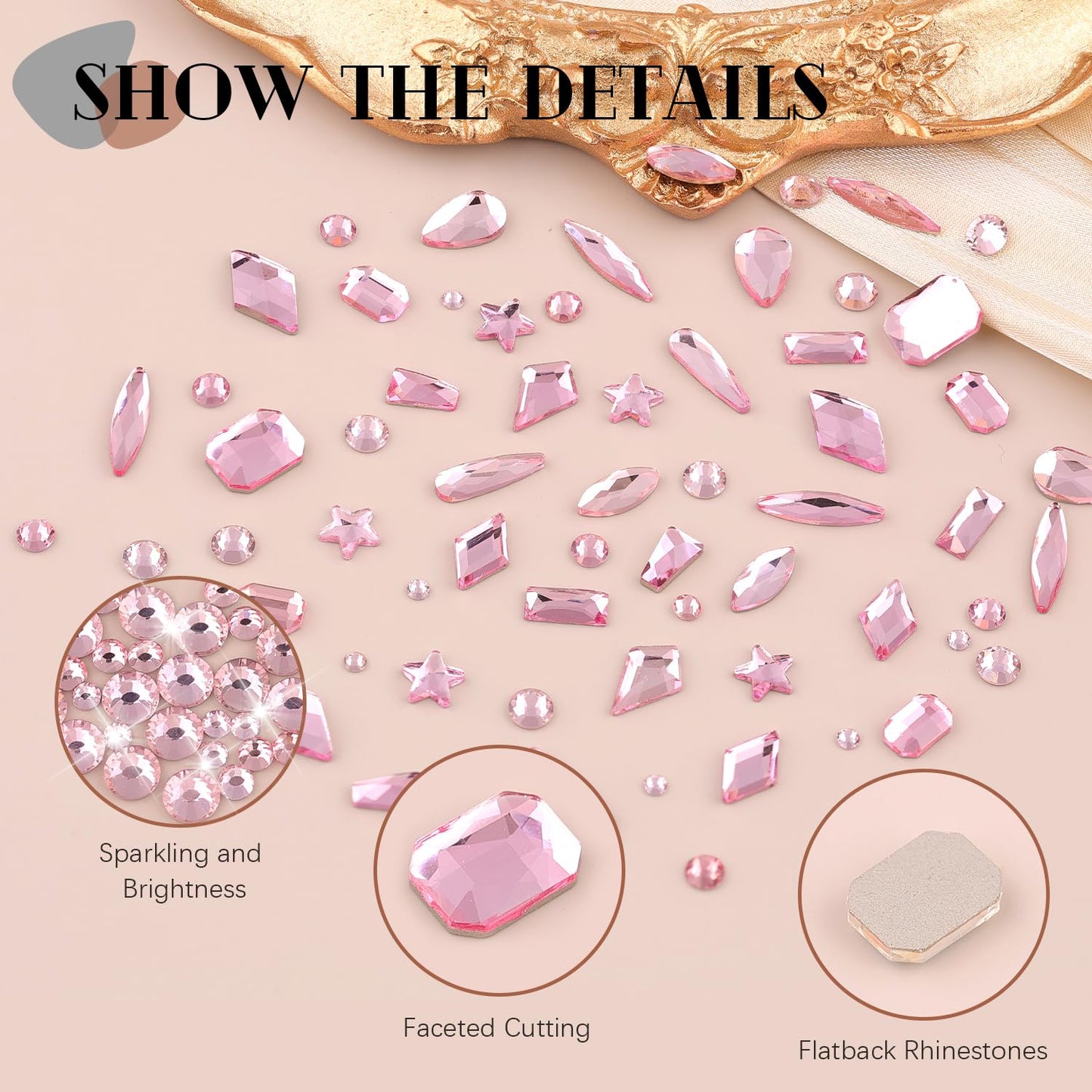 3220 Pink Glass Nail Rhinestones - Multi Shapes, Flatback Gems + 3100 Round Crystal with Glue Gel, Manicure Nail Charms for Art-BrightBean Baby