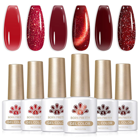 Born Pretty Jelly Burgundy Gel Nail Polish Halloween Ruby Blood Red Glitter Cat Magnetic Eye Gel Nail Polish Cherry Wine Red Gel Polish Collection Soak Off U v Led Gel Nail Kit Minicure DIY Gift 6PCS-BrightBean Baby