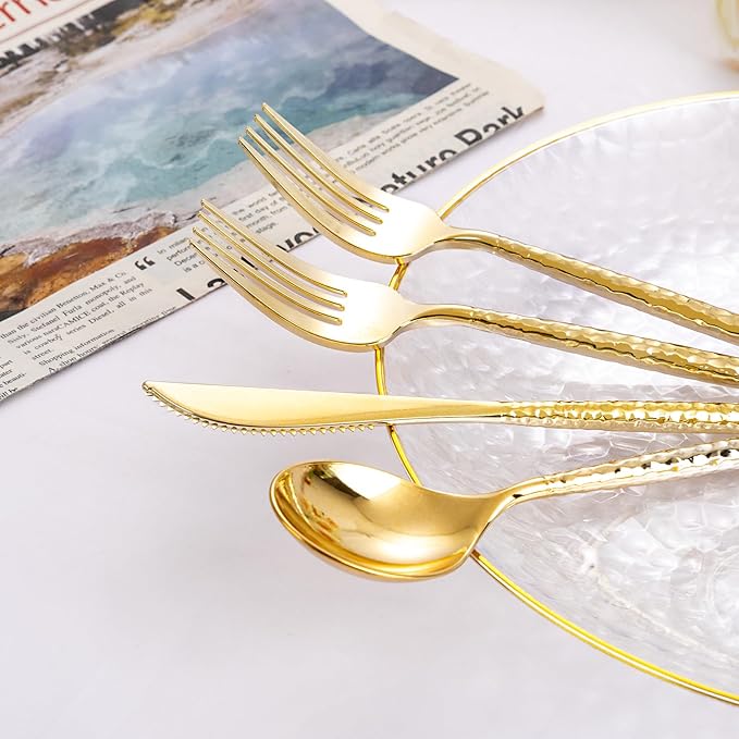 Rubtlamp 90Pcs Thanksgiving Gold Plastic Silverware, Gold Disposable Thanksgiving Utensils, Hammered Plastic Silverware, Gold Plastic Forks And Spoons Set Include 30 Forks, 30 Knives,30 Spoons