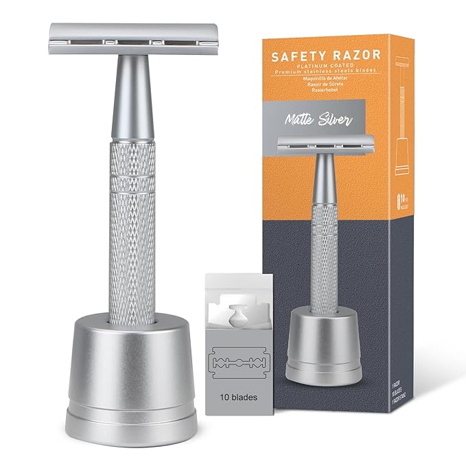 Double Edge Safety Razor with Stand, Single Blade Razors for Men and Women, Reusable Metal De Razor, Men's Safety Shaving Razors with 10 Double Edge Blades, Smooth and Close Shave, Matte Silver-BrightBean Baby