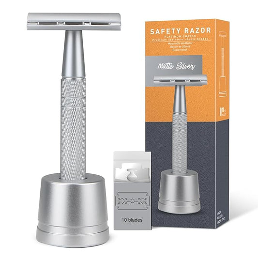 Double Edge Safety Razor with Stand, Single Blade Razors for Men and Women, Reusable Metal De Razor, Men's Safety Shaving Razors with 10 Double Edge Blades, Smooth and Close Shave, Matte Silver-BrightBean Baby