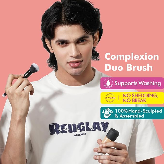 Bueart Design Complexion Duo Brush and Liquid & Bronzer Contour Makeup brushes set with ultra-soft dense hair Double-ended for Foundation Liquid Cream Concealer,Vegan and Cruelty-Free,M18-BrightBean Baby