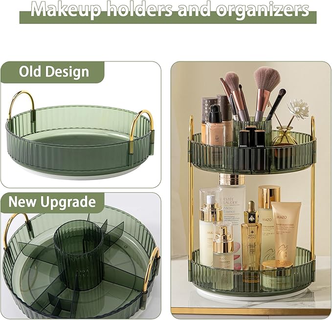 Rotating Makeup Organizer for Vanity, High-Capacity Skincare Clear Make Up Storage Perfume Organizers Cosmetic Dresser Organizer Countertop 360 Spinning (Green, New-2 Tier)-BrightBean Baby