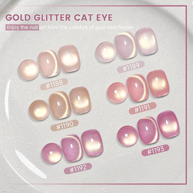 RARJSM Jelly Nude Gold Glitter Cat Eye Gel Nail Polish Set 6Pcs Sheer Pink Light Purple Champagne Mavue Brown Diamond Cateye Gelpolish with Magnetic Stick UV LED Curing Require Home Salon Nail Design-BrightBean Baby