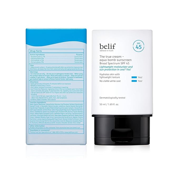 belif Aqua Bomb SPF 45 Hydrating Niacinamide Sunscreen (1.69 fl. oz) - The True Cream PA++++, Daily Broad Spectrum, No White Cast, Weightless & Invisible, Non-Greasy, Korean Skincare-BrightBean Baby