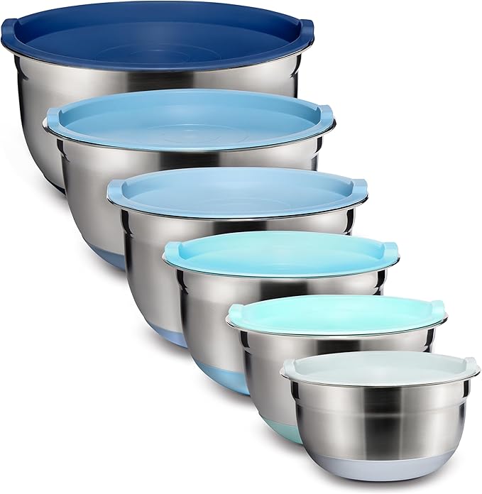 COOK WITH COLOR Stainless Steel Mixing Bowls Set with Lids - Nesting Bowls with Non-Slip Bottom, Blue, 12 Pieces
