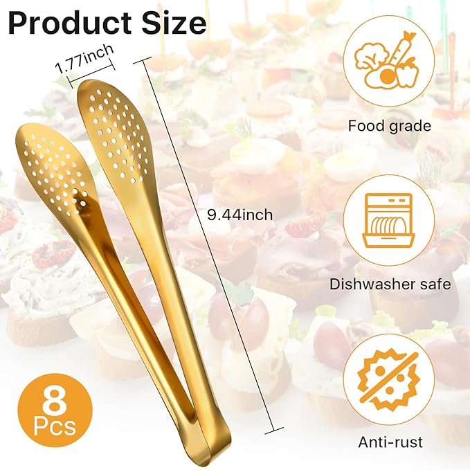 8 PCS Serving Tongs 9 Inch, Gold Tongs for Serving Food, Stainless Steel Tongs for Serving, Serving Utensils Cooking Clips for Buffet, Appetizer, Dessert, Parties