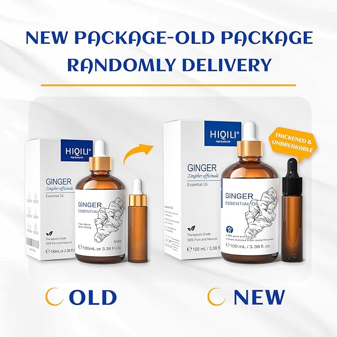 HIQILI Pure Ginger Essential Oil 3.38 Fl Oz, Pure Natural Premium Ginger Oil for Massage, Diffuser, Large Bottle with Dropper & Gift Box -100ml-BrightBean Baby