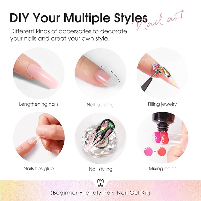 ROSALIND Poly Nail Gel Kit for Beginners - 28 Colors Extension Gel Set with UV/LED Nail Lamp, 72 Accessories (Base/Top Coat, Nail Forms, Tools), Long Lasting Salon Kit for DIY Manicure-BrightBean Baby