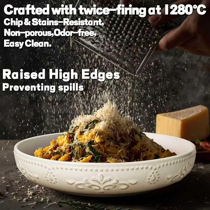 Artena Pasta Bowls, 50oz Large Salad Serving Bowls, 9.75'' Plates Bowls Set of 4, Big White Ceramic Soup Bowls for Kitchen, Embossment Shallow Dinner Bowl, Microwave Dishwasher Safe, Multiple Patterns