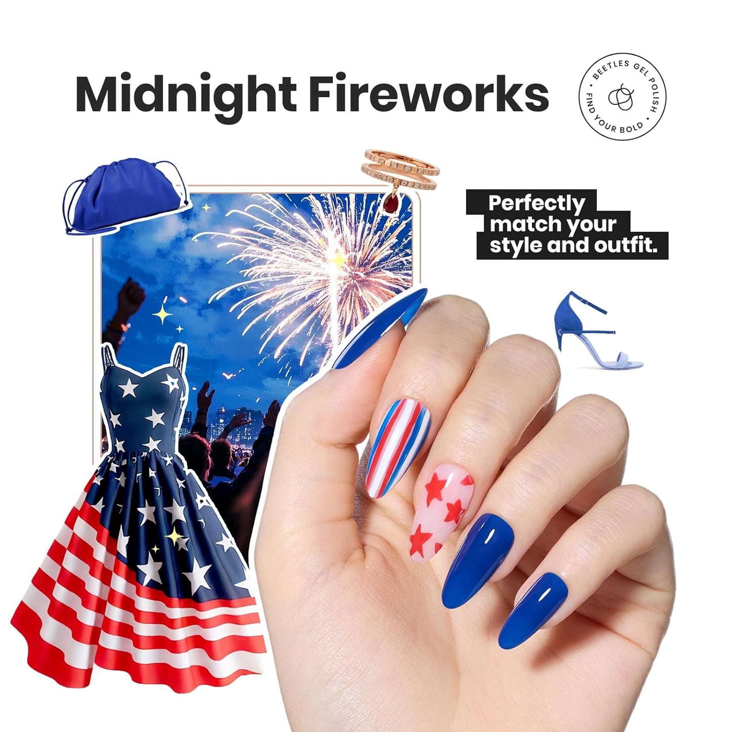 Beetles 4th of July Nail Polish Set - 6 Colors White Red Blue Nail Polish Kit Sparkle Glitter Fingernail, Quick Dry & Long Lasting Beetles Midnight Fireworks Diy Nail Art Design Gifts for Women-BrightBean Baby