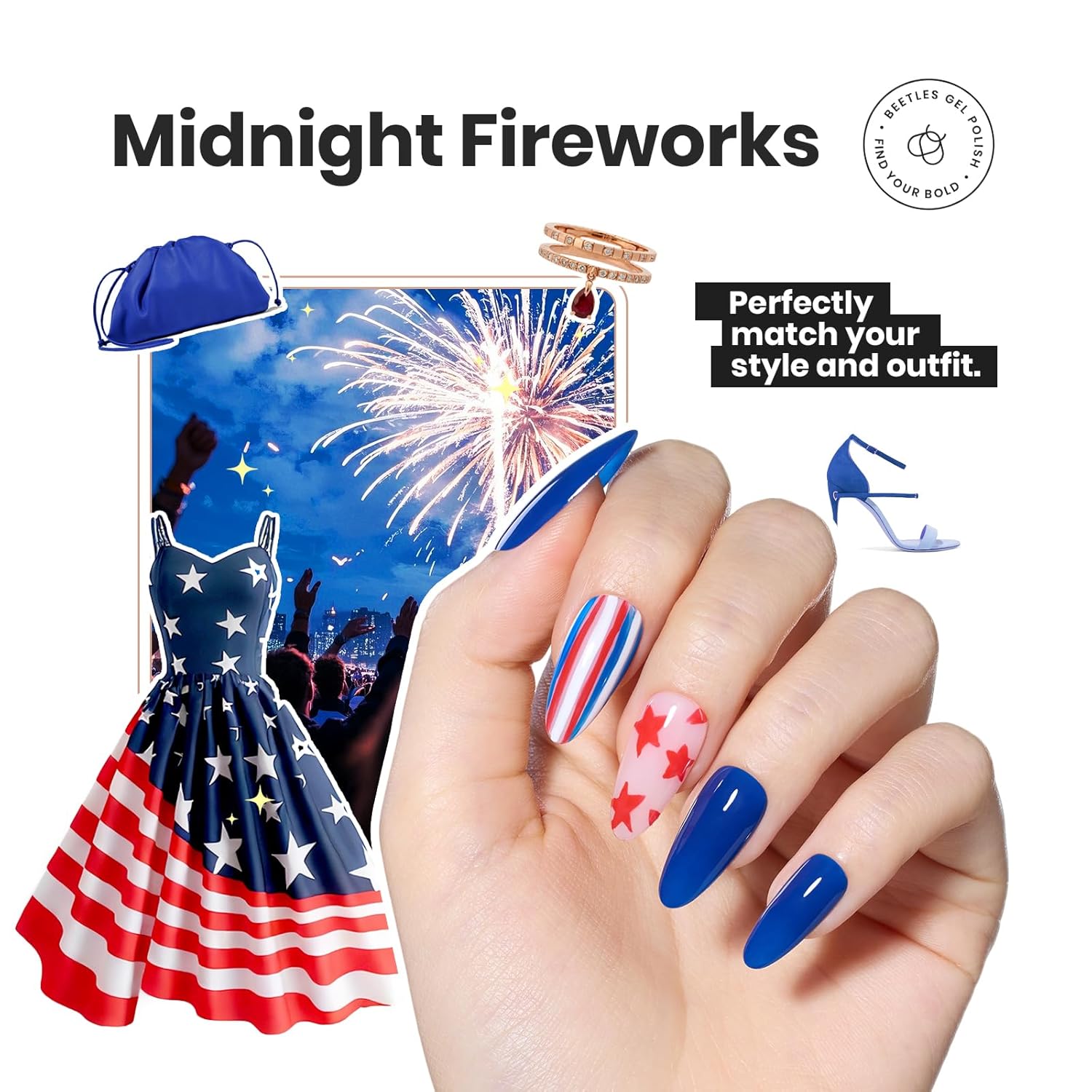 Beetles 4th of July Nail Polish Set - 6 Colors White Red Blue Nail Polish Kit Sparkle Glitter Fingernail, Quick Dry & Long Lasting Beetles Midnight Fireworks Diy Nail Art Design Gifts for Women-BrightBean Baby