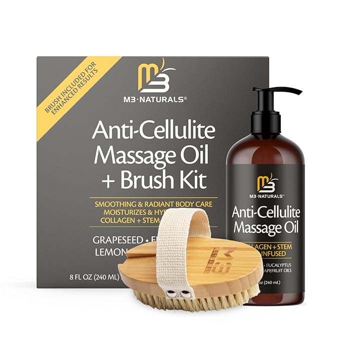 M3 Naturals Anti Cellulite Massage Oil and Firm Dry Brush Kit | Collagen & Stem Cell Skin Tightening Kit | Radiant Body Care Kit for Women-BrightBean Baby