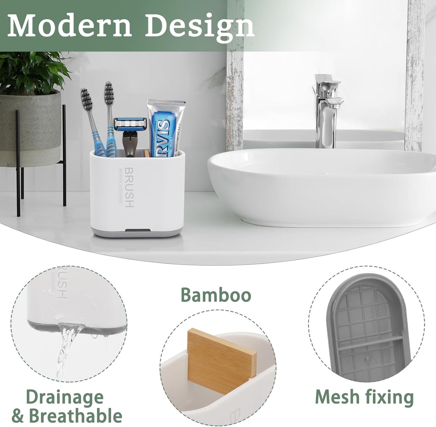Toothbrush and Toothpaste Holder with Bamboo Divider for Bathroom Countertop Organizer, Detachable for Easy Clean, 2 Slots Electric Toothbrush Holders Storage Caddy Drainage for Family-White-BrightBean Baby