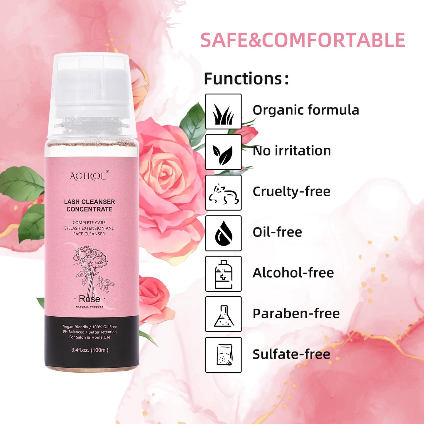 Eyelash Shampoo Concentrate 100ml Lash Extensions Cleanser Concentrate Rose Natural Foaming Shampoo Wash for Extensions Lashes with Salon Home Care-Makes 60ml Bottles-BrightBean Baby
