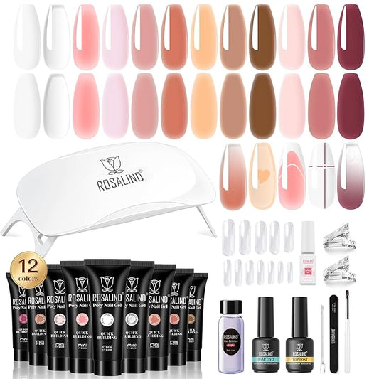 ROSALIND Poly Nail Gel Kit -12 Colors + Nail Art Accessories kit Clear Nude Poly Nails Gel Kit Starter Kit With Slip Solution Pro Nude Pink Nail Extensions Gel Set with Mini UV Lamp-BrightBean Baby