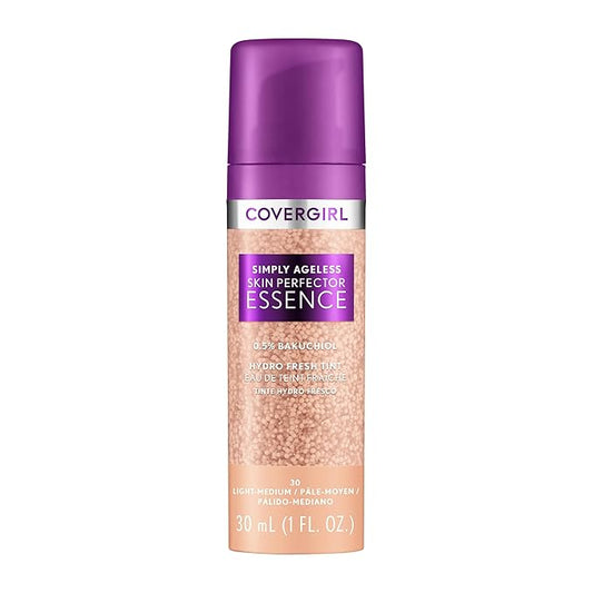 Covergirl Simply Ageless Skin Perfector Essence Foundation, 30 Light-Medium, Tinted Skin Perfector, Skincare Makeup Hybrid, Sheer Tint, Radiant Finish, Skin-Like Finish, Vegan Formula, 1.0oz-BrightBean Baby