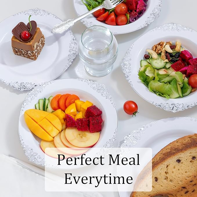 Nervure 50PCS White Plastic Bowls with Silver Rim - 12oz Disposable Soup Bowls, Heavy Duty Salad Ice Cream Bowl Perfect for Weddings, Parties and Everyday Use