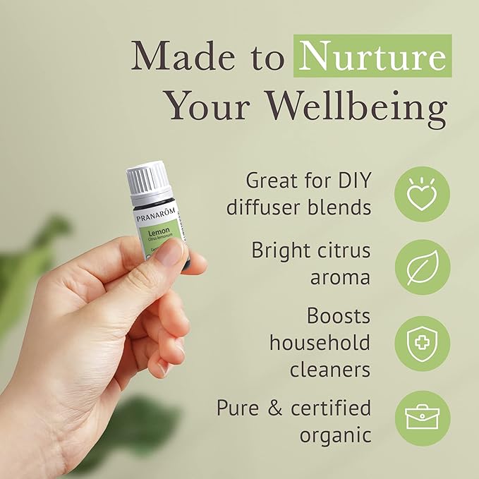 Pranarom USDA Certified Organic Lemon Essential Oil (5ml), 100% Pure Undiluted Therapeutic Grade from Argentina for Aromatherapy, Diffuser, DIY, Cleaning, Fresh Lemon Scent-BrightBean Baby