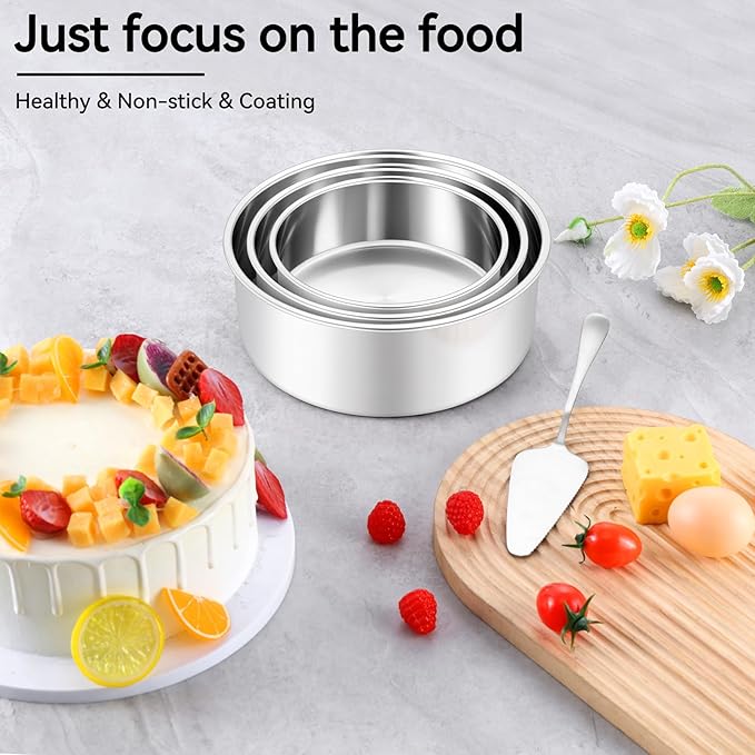 Leonyo Tall Round Cake Pans, 6’’- 8’’- 9½’’ Cake Pan Set for 3, Stainless Steel Round Layer Baking Tier Cake Pans Set, 3-Tiered Cake Tins for Birthday Wedding, Non Toxic & Healthy, Dishwasher Safe